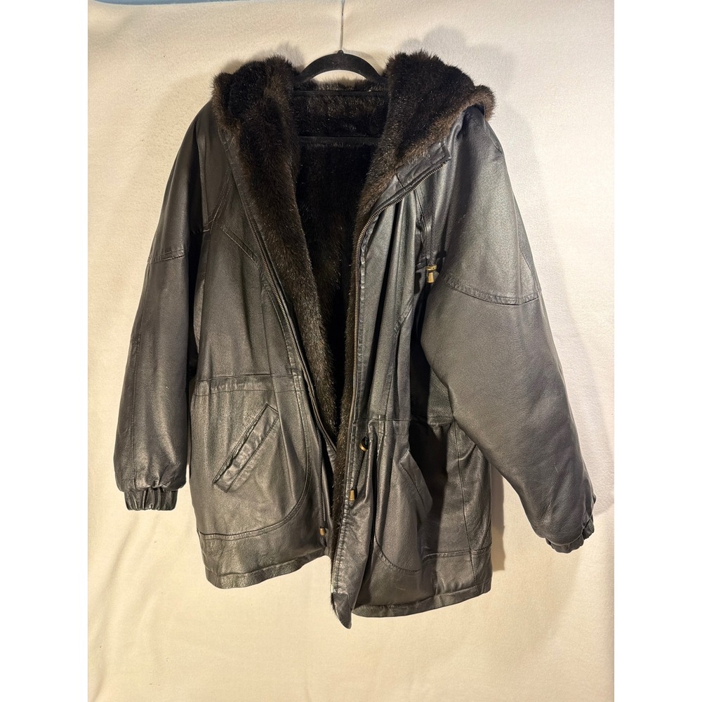 Charles Klein Reversible Leather Faux Fur Hooded Parka Coat Black Brown 2X 0282W